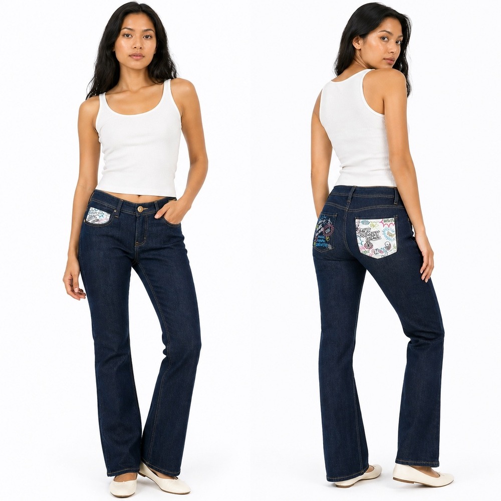 Lot 29 Women's Bootcut Jeans M Blue Dark Wash Graphic Pockets‎ Y2K Grunge Skater